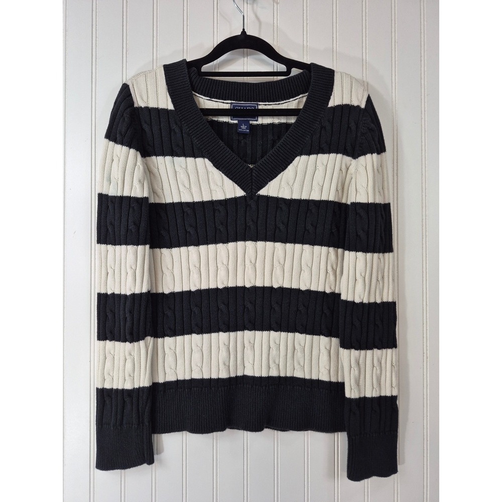 Chaps Classics Women Black White Striped Large V-Neck Cable Knit Sweater Preppy